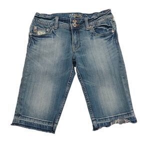 Miss Me Bermuda Jean Shorts Womens 27 Blue Flap Pockets Ripped Stretch Raw Hem